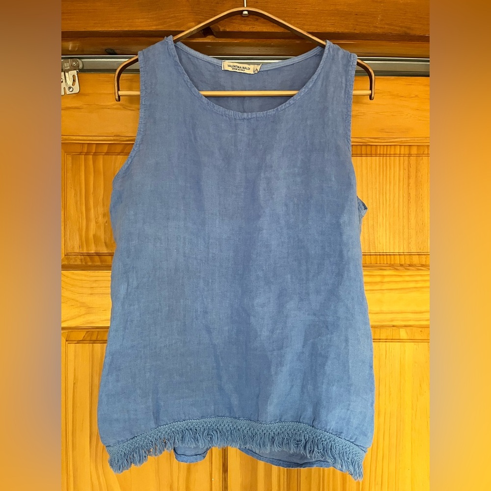 Italian Made 100% Linen Boho Sleeveless Shift Top Blouse With Fringe Trim